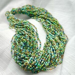 Glass seed-bead multi strand necklace in blue, green bronze lobster clasp 5309 L